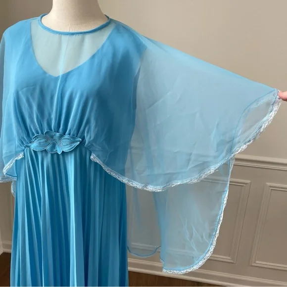 Vintage 70s Formal Gown Bridesmaid Prom Dress Turquoise Capulet Pleats Drama 14 - Picture 4 of 9